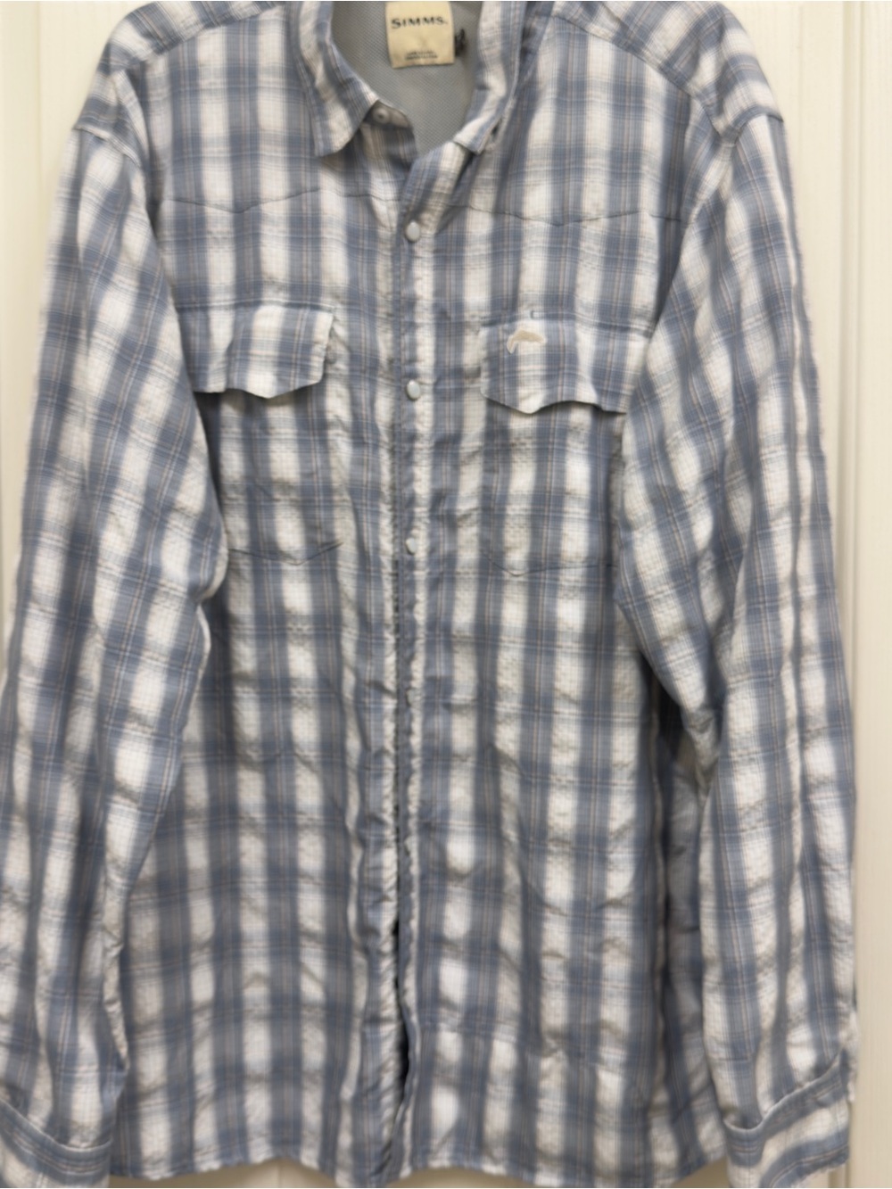 Simms Big Sky Light Blue and White Plaid Snap front long sleeve Shirt XXL